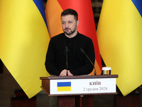 President of Ukraine Volodymyr Zelenskyy attends a joint briefing with Federal Chancellor of Germany Olaf Scholz in Kyiv, Ukraine, on Decemb...