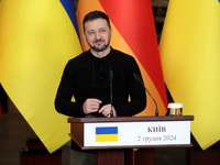 President of Ukraine Volodymyr Zelenskyy attends a joint briefing with Federal Chancellor of Germany Olaf Scholz in Kyiv, Ukraine, on Decemb...