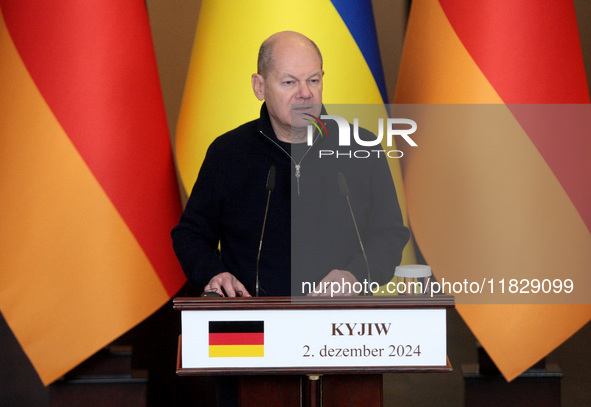 Federal Chancellor of Germany Olaf Scholz attends a joint briefing with President of Ukraine Volodymyr Zelenskyy in Kyiv, Ukraine, on Decemb...