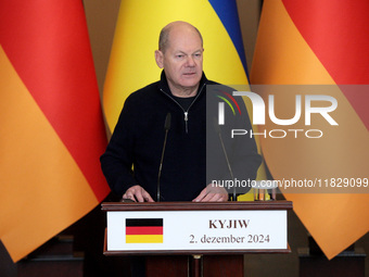 Federal Chancellor of Germany Olaf Scholz attends a joint briefing with President of Ukraine Volodymyr Zelenskyy in Kyiv, Ukraine, on Decemb...