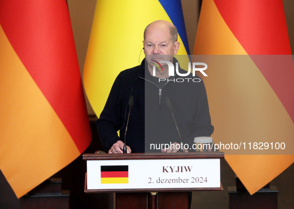 Federal Chancellor of Germany Olaf Scholz attends a joint briefing with President of Ukraine Volodymyr Zelenskyy in Kyiv, Ukraine, on Decemb...