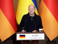 Federal Chancellor of Germany Olaf Scholz attends a joint briefing with President of Ukraine Volodymyr Zelenskyy in Kyiv, Ukraine, on Decemb...