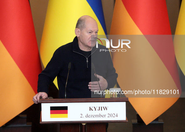 Federal Chancellor of Germany Olaf Scholz attends a joint briefing with President of Ukraine Volodymyr Zelenskyy in Kyiv, Ukraine, on Decemb...