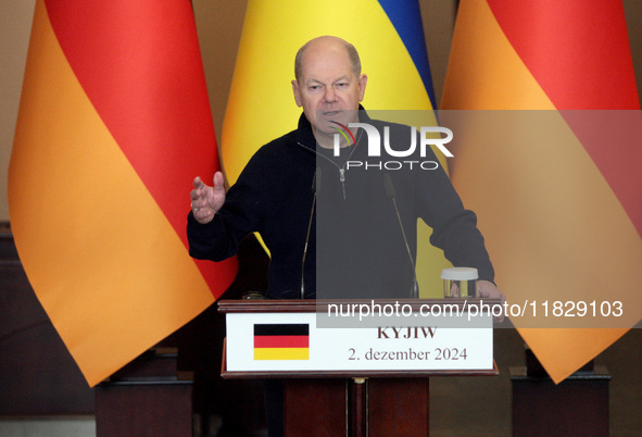 Federal Chancellor of Germany Olaf Scholz attends a joint briefing with President of Ukraine Volodymyr Zelenskyy in Kyiv, Ukraine, on Decemb...