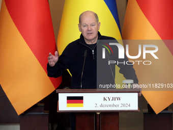 Federal Chancellor of Germany Olaf Scholz attends a joint briefing with President of Ukraine Volodymyr Zelenskyy in Kyiv, Ukraine, on Decemb...