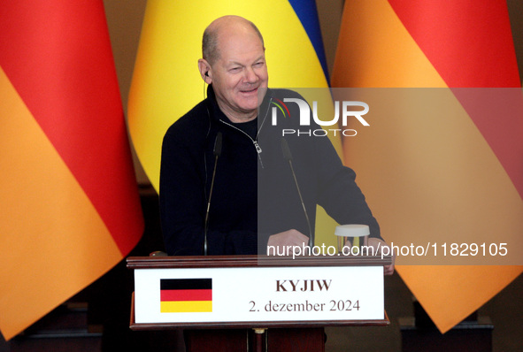 Federal Chancellor of Germany Olaf Scholz attends a joint briefing with President of Ukraine Volodymyr Zelenskyy in Kyiv, Ukraine, on Decemb...