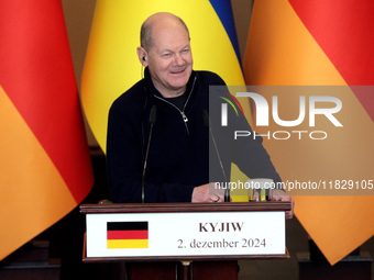 Federal Chancellor of Germany Olaf Scholz attends a joint briefing with President of Ukraine Volodymyr Zelenskyy in Kyiv, Ukraine, on Decemb...