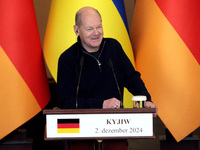 Federal Chancellor of Germany Olaf Scholz attends a joint briefing with President of Ukraine Volodymyr Zelenskyy in Kyiv, Ukraine, on Decemb...