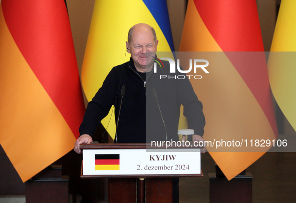 Federal Chancellor of Germany Olaf Scholz attends a joint briefing with President of Ukraine Volodymyr Zelenskyy in Kyiv, Ukraine, on Decemb...