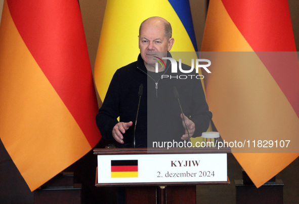 Federal Chancellor of Germany Olaf Scholz attends a joint briefing with President of Ukraine Volodymyr Zelenskyy in Kyiv, Ukraine, on Decemb...