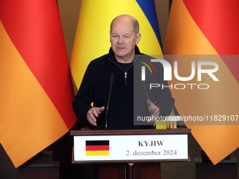 Federal Chancellor of Germany Olaf Scholz attends a joint briefing with President of Ukraine Volodymyr Zelenskyy in Kyiv, Ukraine, on Decemb...