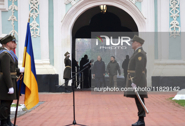 In Kyiv, Ukraine, on December 2, 2024, Federal Chancellor of Germany Olaf Scholz and President of Ukraine Volodymyr Zelenskyy walk through t...