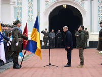 Federal Chancellor of Germany Olaf Scholz and President of Ukraine Volodymyr Zelenskyy face honor guards at Saint Sophia Cathedral in Kyiv,...