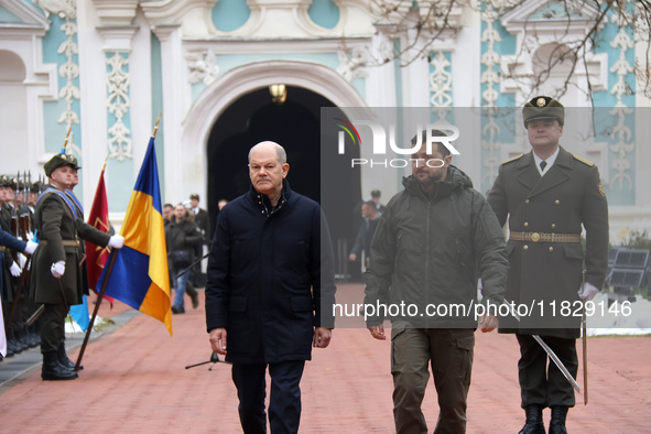 In Kyiv, Ukraine, on December 2, 2024, Federal Chancellor of Germany Olaf Scholz and President of Ukraine Volodymyr Zelenskyy (L to R) walk...