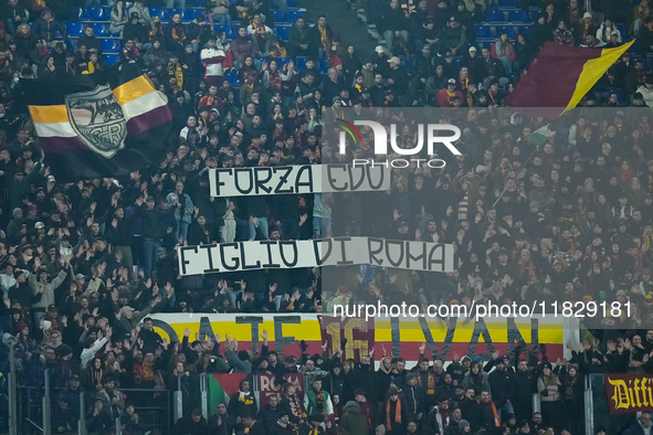 AS Roma supporters show a banner in support of Edoardo Bove of ACF Fiorentina during the Serie A Enilive match between AS Roma and Atalanta...