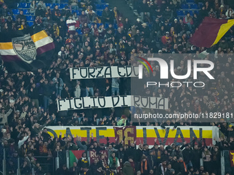 AS Roma supporters show a banner in support of Edoardo Bove of ACF Fiorentina during the Serie A Enilive match between AS Roma and Atalanta...