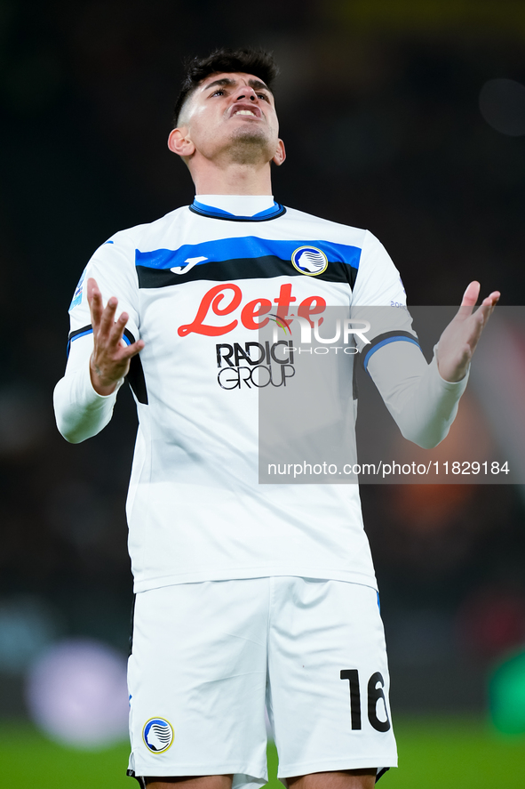 Raoul Bellanova of Atalanta BC looks dejected during the Serie A Enilive match between AS Roma and Atalanta BC at Stadio Olimpico on Decembe...