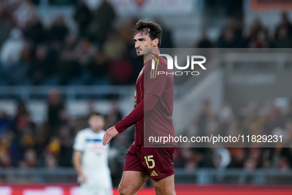 Mats Hummels of AS Roma looks on during the Serie A Enilive match between AS Roma and Atalanta BC at Stadio Olimpico on December 02, 2024 in...