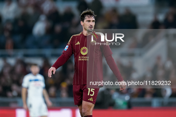 Mats Hummels of AS Roma looks on during the Serie A Enilive match between AS Roma and Atalanta BC at Stadio Olimpico on December 02, 2024 in...