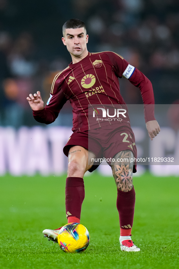 Gianluca Mancini of AS Roma during the Serie A Enilive match between AS Roma and Atalanta BC at Stadio Olimpico on December 02, 2024 in Rome...