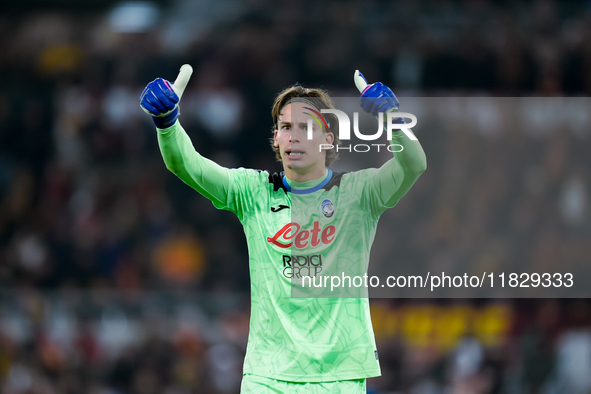 Marco Carnesecchi of Atalanta BC reacts during the Serie A Enilive match between AS Roma and Atalanta BC at Stadio Olimpico on December 02,...