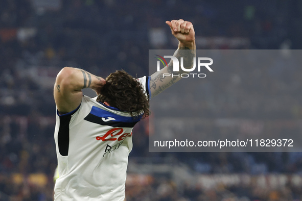 Atalanta's Nicolo Zaniolo celebrates after scoring their second goal during the Serie A soccer match between AS Roma and Atalanta BC at Stad...