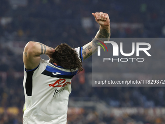 Atalanta's Nicolo Zaniolo celebrates after scoring their second goal during the Serie A soccer match between AS Roma and Atalanta BC at Stad...