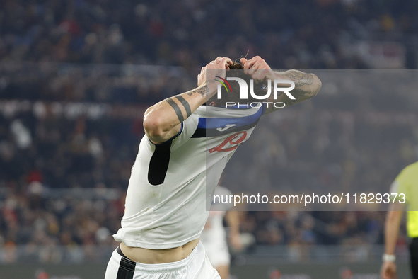 Atalanta's Nicolo Zaniolo celebrates after scoring their second goal during the Serie A soccer match between AS Roma and Atalanta BC at Stad...