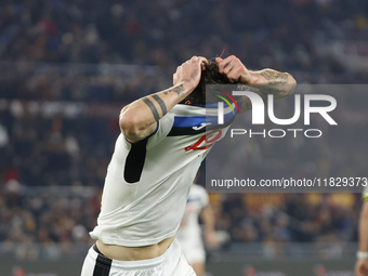 Atalanta's Nicolo Zaniolo celebrates after scoring their second goal during the Serie A soccer match between AS Roma and Atalanta BC at Stad...