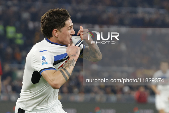 Atalanta's Nicolo Zaniolo celebrates after scoring their second goal during the Serie A soccer match between AS Roma and Atalanta BC at Stad...