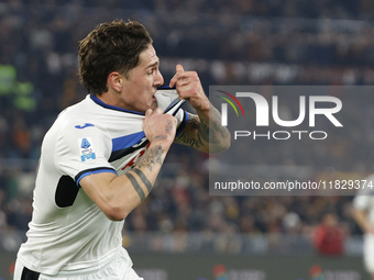 Atalanta's Nicolo Zaniolo celebrates after scoring their second goal during the Serie A soccer match between AS Roma and Atalanta BC at Stad...