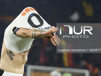 Atalanta's Nicolo Zaniolo celebrates after scoring their second goal during the Serie A soccer match between AS Roma and Atalanta BC at Stad...