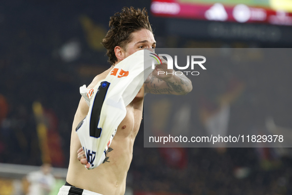 Atalanta's Nicolo Zaniolo celebrates after scoring their second goal during the Serie A soccer match between AS Roma and Atalanta BC at Stad...