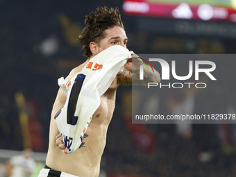 Atalanta's Nicolo Zaniolo celebrates after scoring their second goal during the Serie A soccer match between AS Roma and Atalanta BC at Stad...