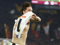 Atalanta's Nicolo Zaniolo celebrates after scoring their second goal during the Serie A soccer match between AS Roma and Atalanta BC at Stad...