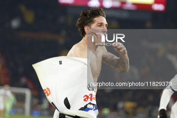 Atalanta's Nicolo Zaniolo celebrates after scoring their second goal during the Serie A soccer match between AS Roma and Atalanta BC at Stad...