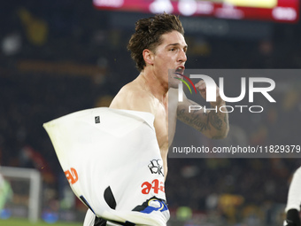 Atalanta's Nicolo Zaniolo celebrates after scoring their second goal during the Serie A soccer match between AS Roma and Atalanta BC at Stad...