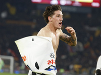 Atalanta's Nicolo Zaniolo celebrates after scoring their second goal during the Serie A soccer match between AS Roma and Atalanta BC at Stad...