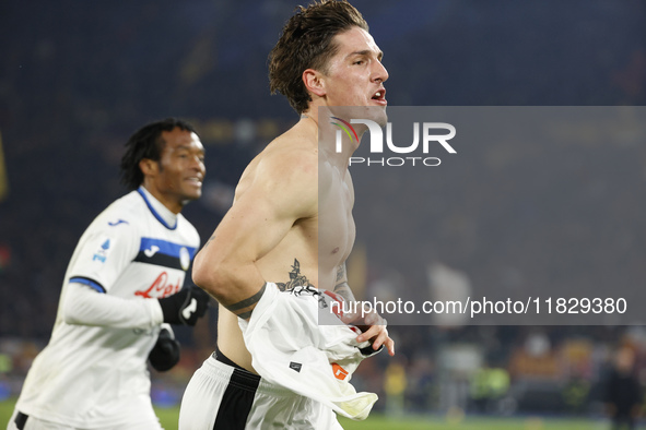 Atalanta's Nicolo Zaniolo celebrates after scoring their second goal during the Serie A soccer match between AS Roma and Atalanta BC at Stad...