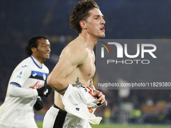 Atalanta's Nicolo Zaniolo celebrates after scoring their second goal during the Serie A soccer match between AS Roma and Atalanta BC at Stad...