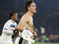 Atalanta's Nicolo Zaniolo celebrates after scoring their second goal during the Serie A soccer match between AS Roma and Atalanta BC at Stad...