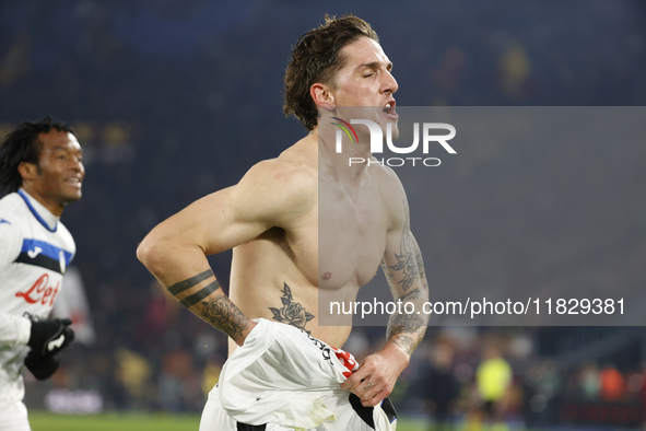 Atalanta's Nicolo Zaniolo celebrates after scoring their second goal during the Serie A soccer match between AS Roma and Atalanta BC at Stad...