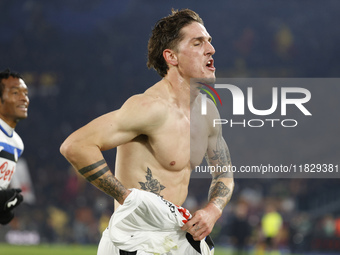 Atalanta's Nicolo Zaniolo celebrates after scoring their second goal during the Serie A soccer match between AS Roma and Atalanta BC at Stad...