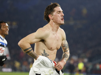 Atalanta's Nicolo Zaniolo celebrates after scoring their second goal during the Serie A soccer match between AS Roma and Atalanta BC at Stad...