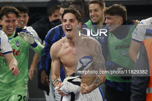 Atalanta's Nicolo Zaniolo celebrates after scoring their second goal during the Serie A soccer match between AS Roma and Atalanta BC at Stad...