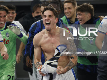 Atalanta's Nicolo Zaniolo celebrates after scoring their second goal during the Serie A soccer match between AS Roma and Atalanta BC at Stad...