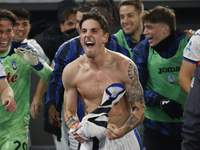 Atalanta's Nicolo Zaniolo celebrates after scoring their second goal during the Serie A soccer match between AS Roma and Atalanta BC at Stad...