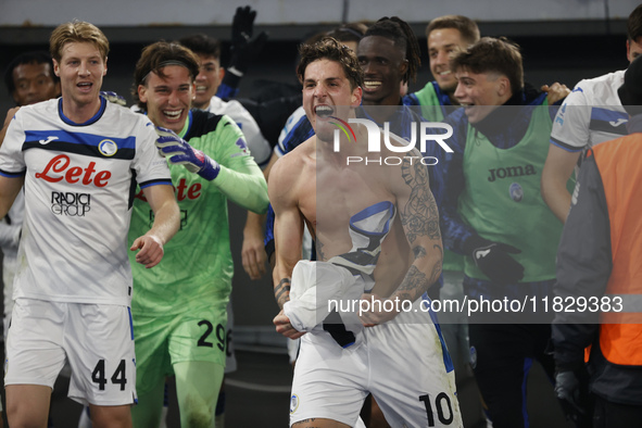 Atalanta's Nicolo Zaniolo celebrates after scoring their second goal during the Serie A soccer match between AS Roma and Atalanta BC at Stad...