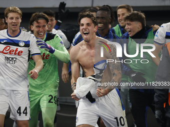 Atalanta's Nicolo Zaniolo celebrates after scoring their second goal during the Serie A soccer match between AS Roma and Atalanta BC at Stad...