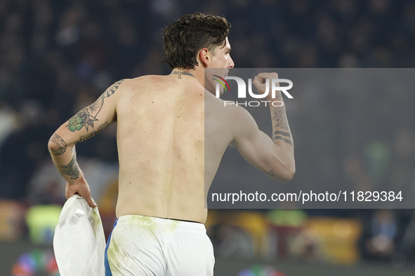 Atalanta's Nicolo Zaniolo celebrates after scoring their second goal during the Serie A soccer match between AS Roma and Atalanta BC at Stad...